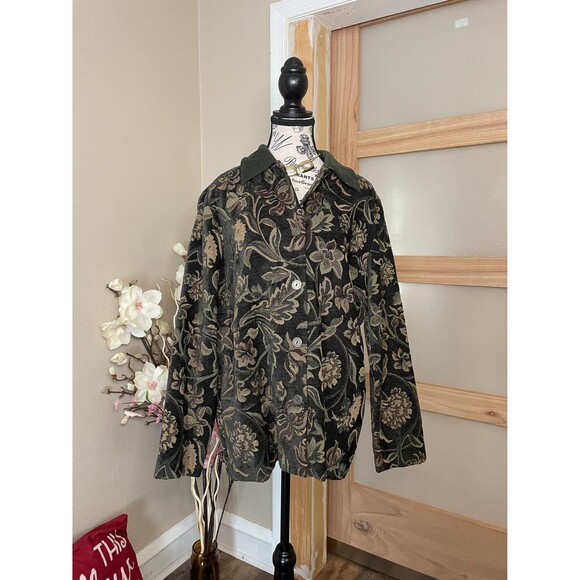 Susan Graver Womens Floral Jacket Tapestry Fabric Faux Suede Collar sz Large - Picture 1 of 8